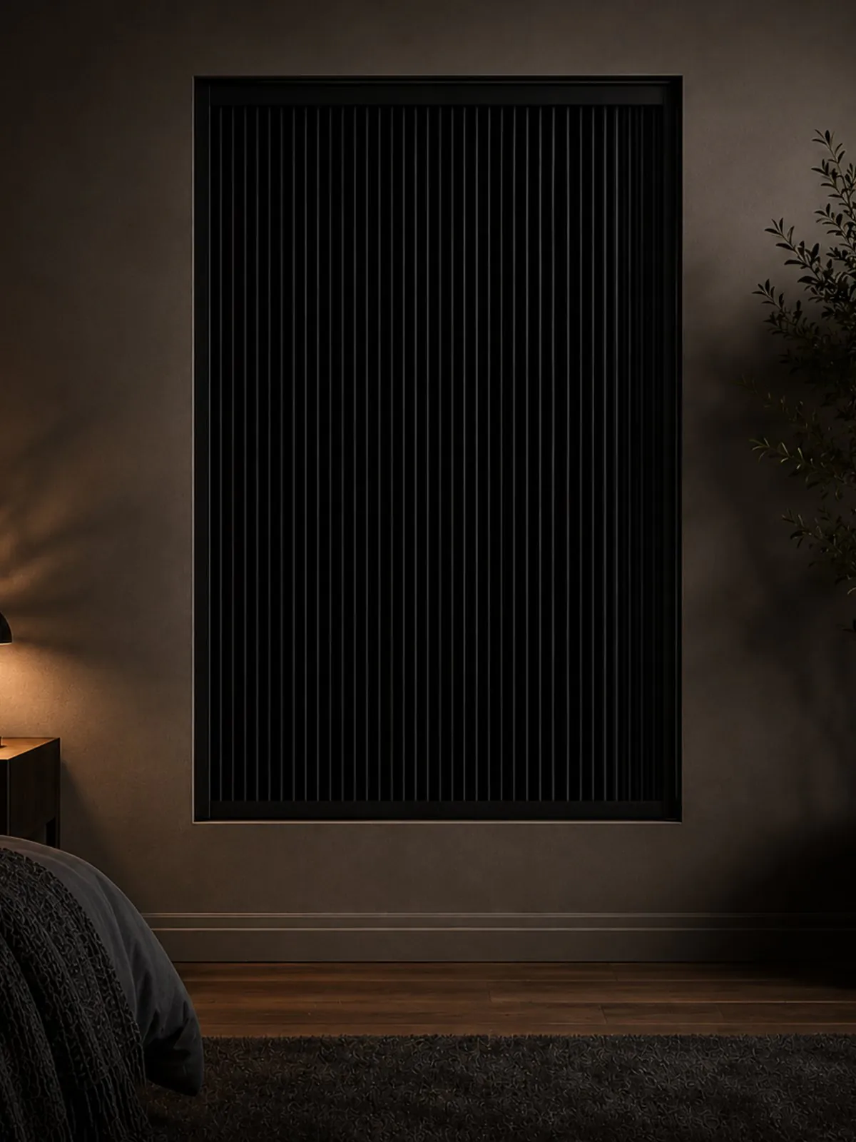 A framed blockout blind sealed into a bedroom window, blocking all light