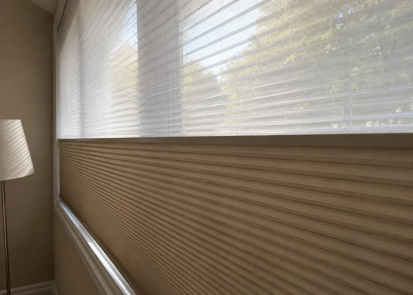 Close-up of a cellular shade: sheer pleats above, blackout cells below