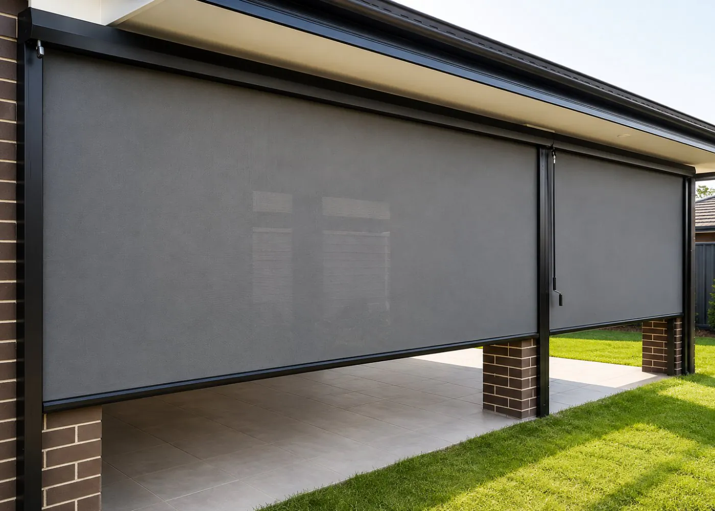 Exterior zip-track shades lowered across a covered patio