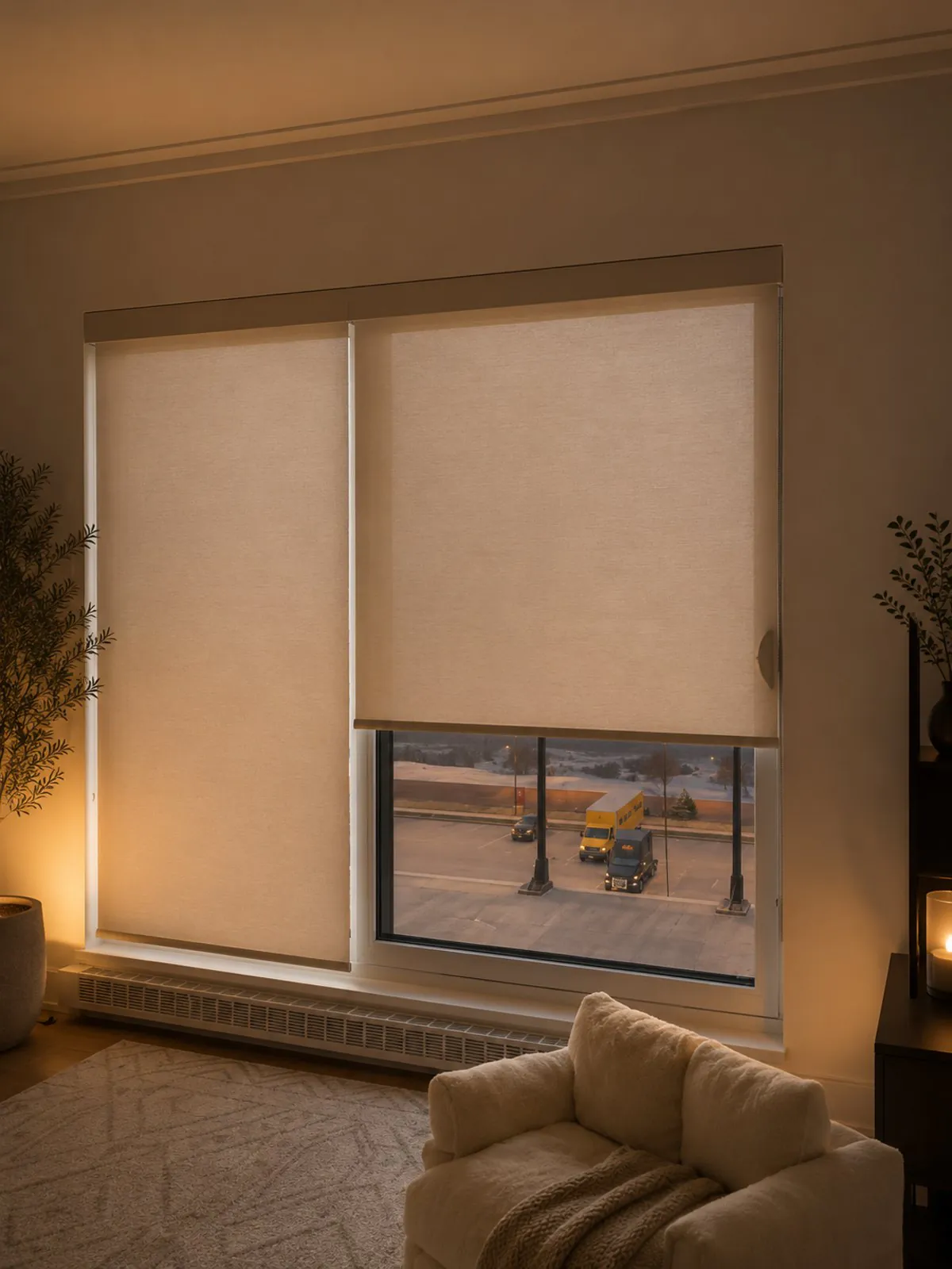 Light-filtering roller shades on a wide living room window at dusk