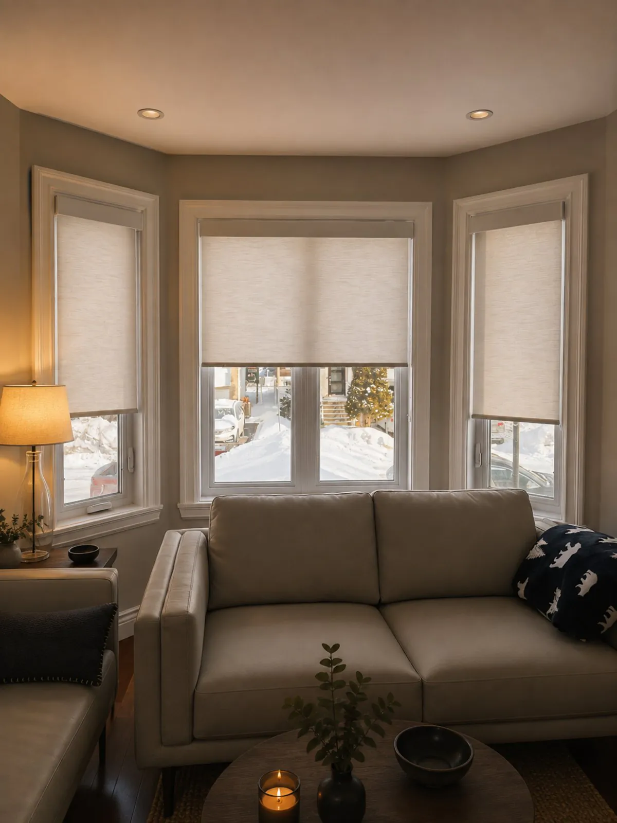 Solar shades lowered across a bay window
