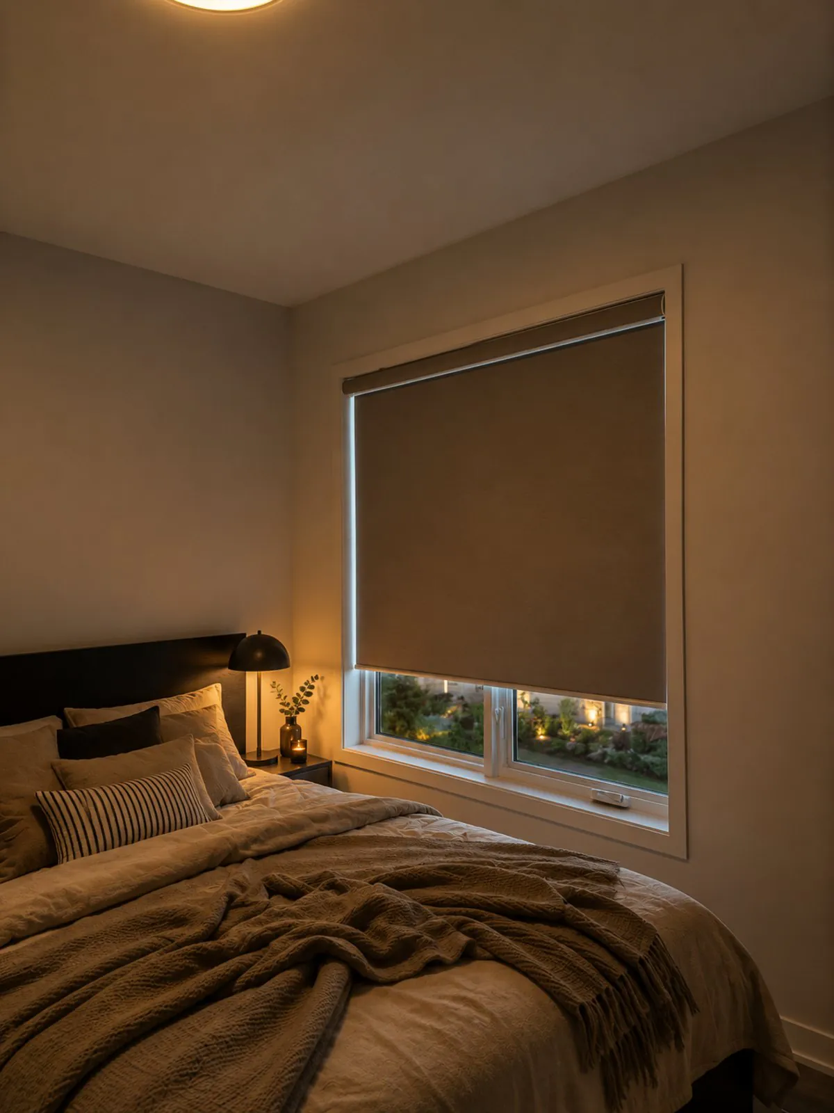 A blackout roller shade lowered over a bedroom window