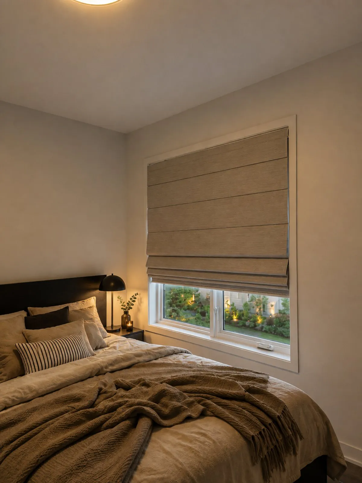 A linen Roman shade half-raised in a calm bedroom