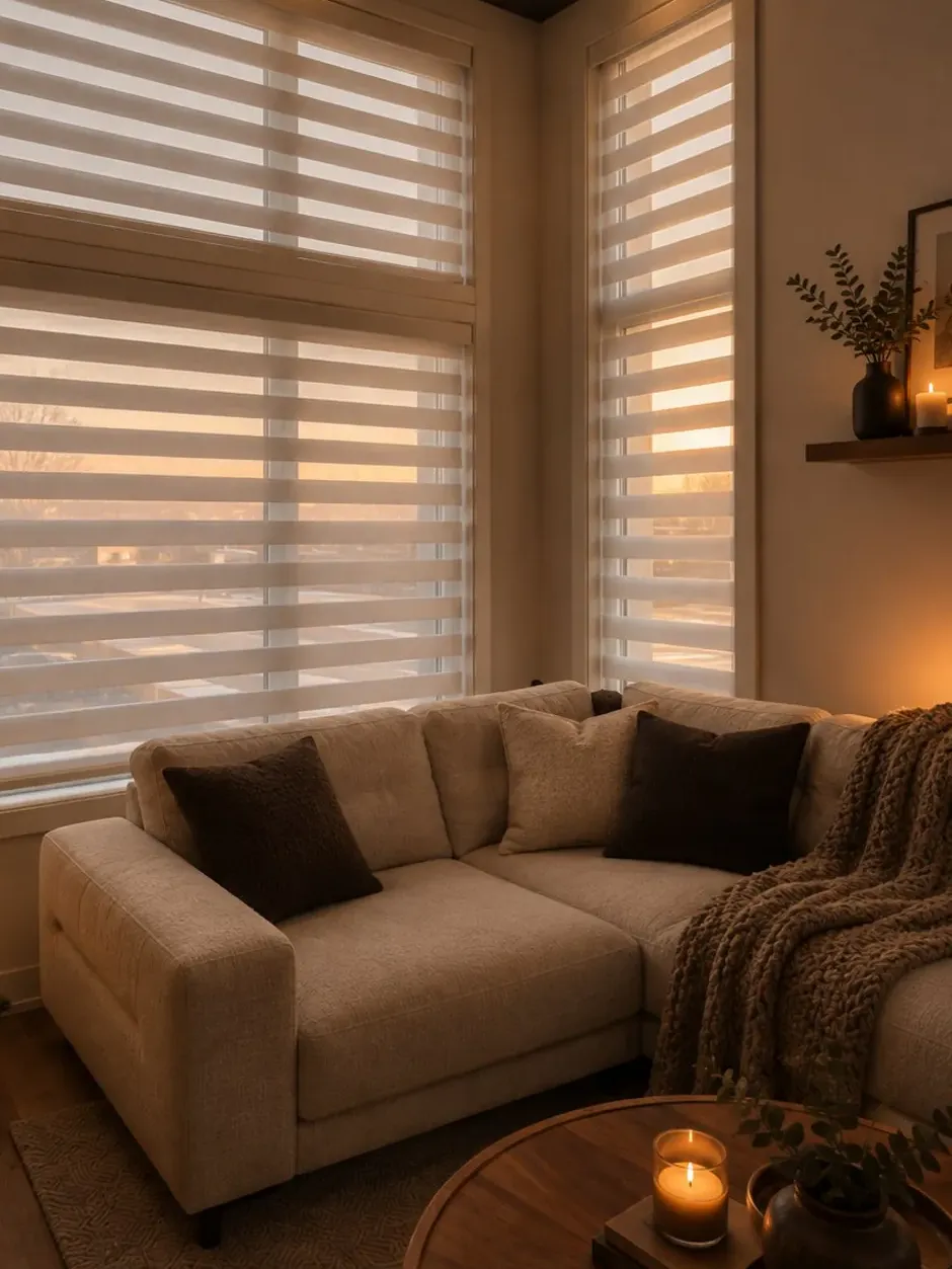 Day-and-night zebra shades glowing at sunset in a living room
